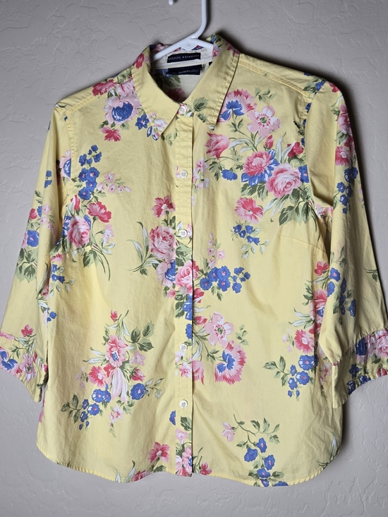 Liz Claiborne Tops - Liz Claiborne Womens Yellow Floral Button Up Shirt 3/4 Sleeve Size 8 Cottagecore